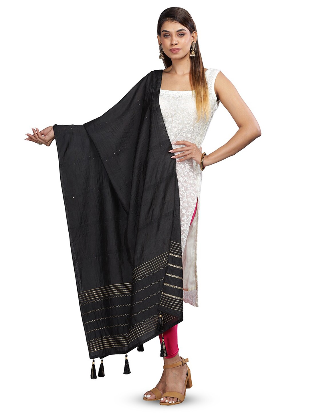

Aanys Culture Striped Cotton Silk Chanderi Zari Dupatta, Black