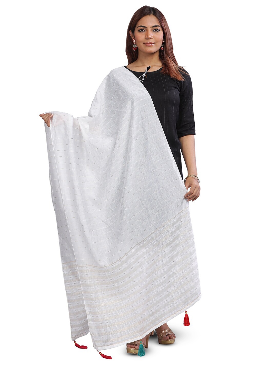 

Aanys Culture Striped Cotton Silk Dupatta with Zari, White