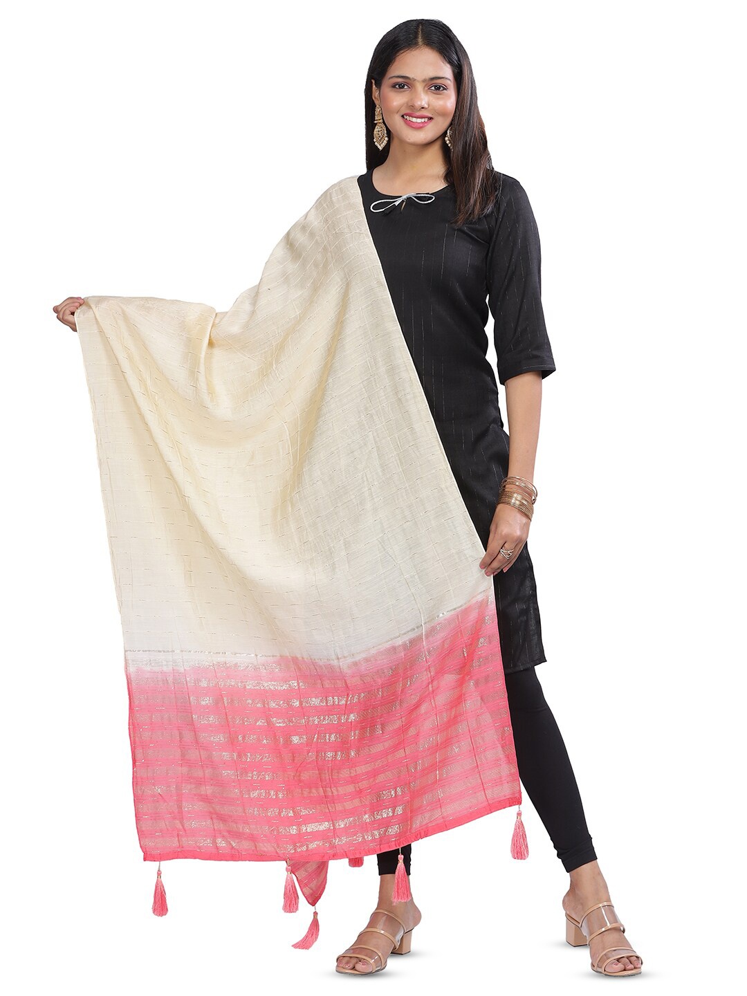 

Aanys Culture Striped Zari Detailed Cotton Silk Chanderi Dupatta, Beige