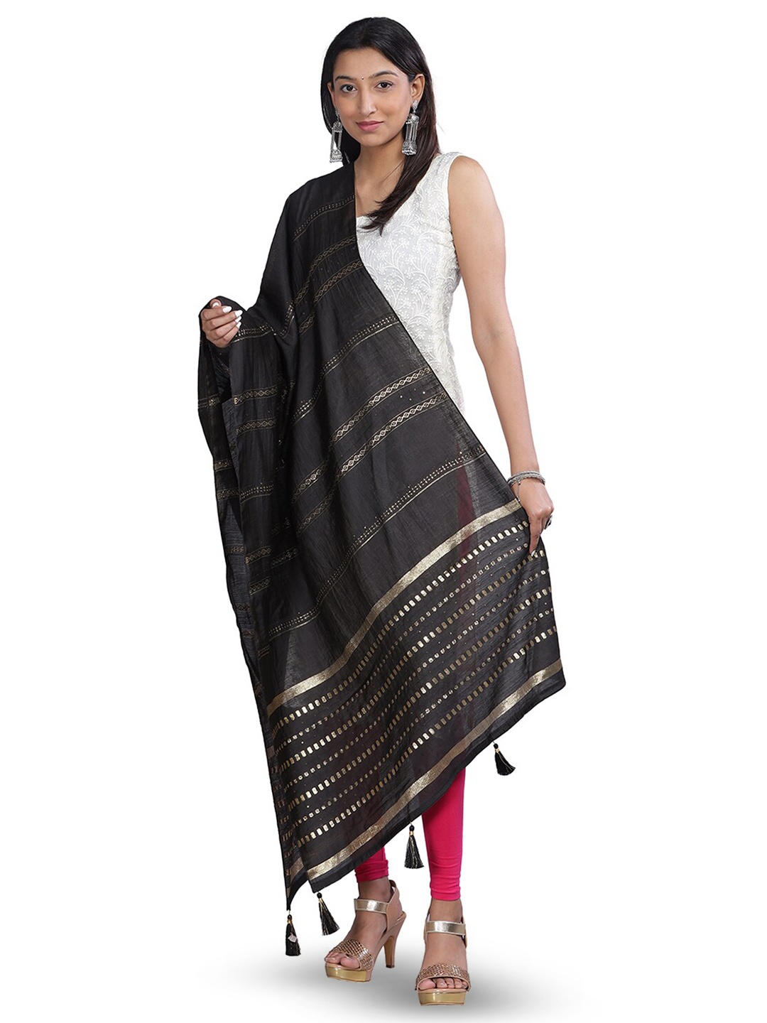 

Aanys Culture Striped Cotton Silk Dupatta with Zari, Black