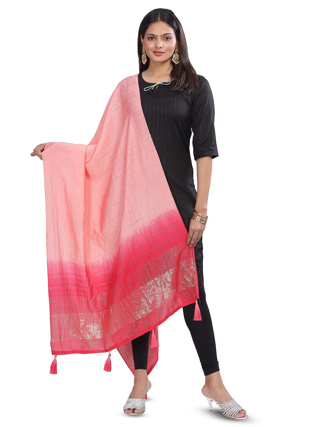 

Aanys Culture Striped Cotton Silk Dupatta with Zari, Pink