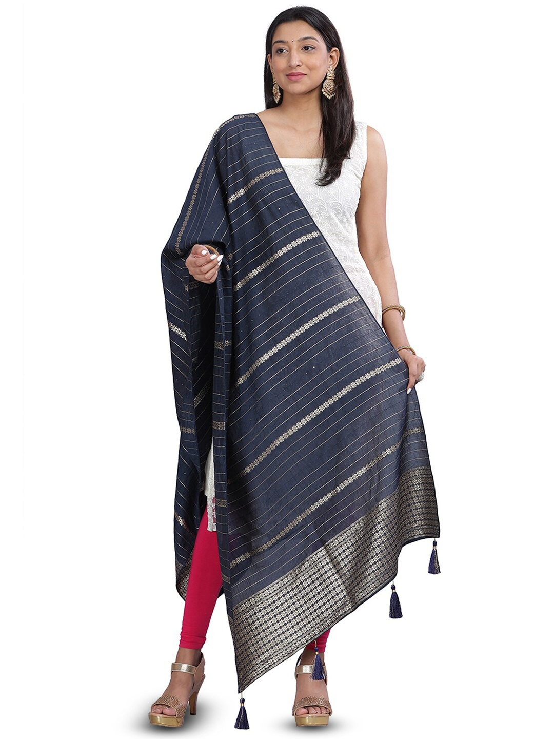 

Aanys Culture Ethnic Motifs Woven Design Zari Detailed Cotton Silk Chanderi Dupatta, Navy blue