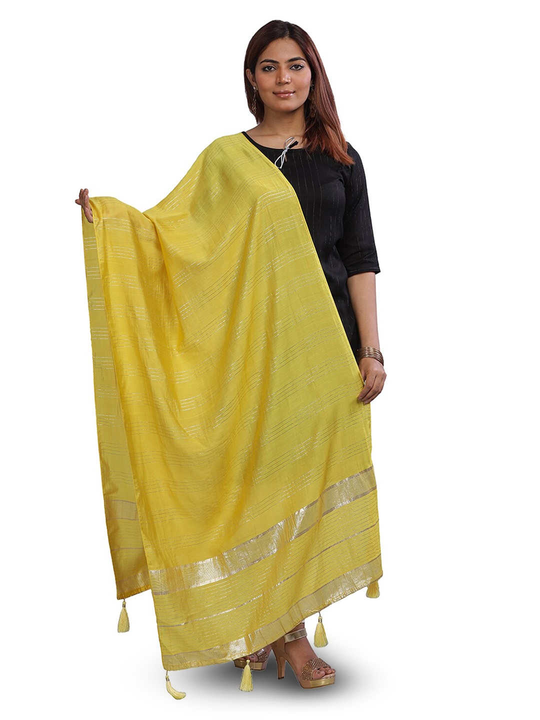 

Aanys Culture Striped Zari Dupatta, Yellow