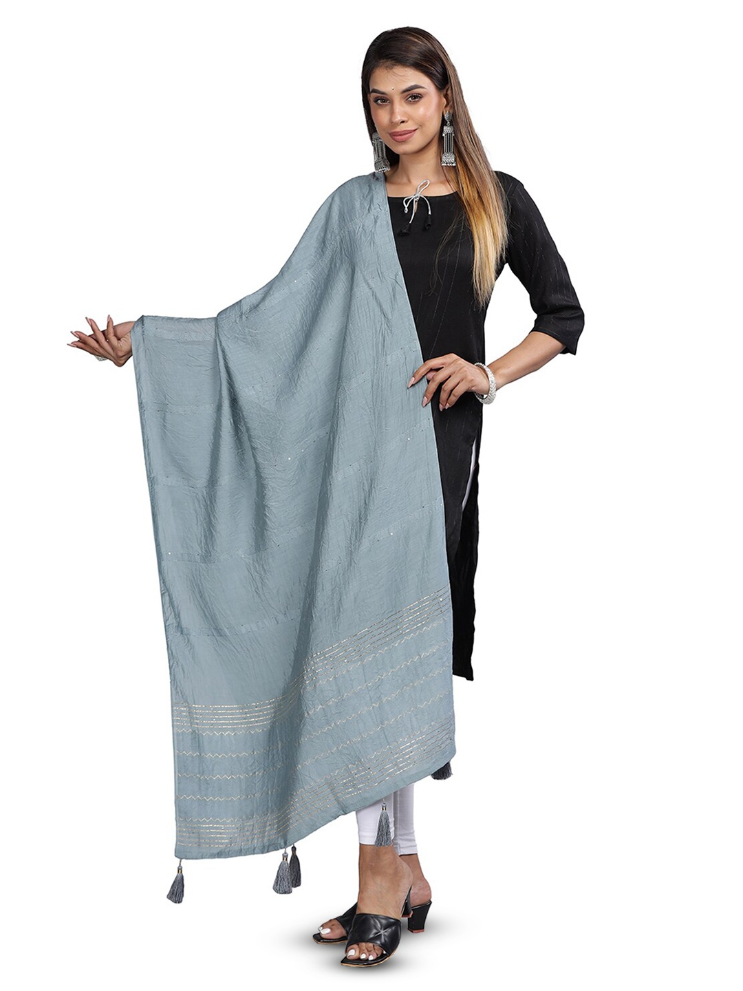 

Aanys Culture Striped Dupatta with Zari, Grey