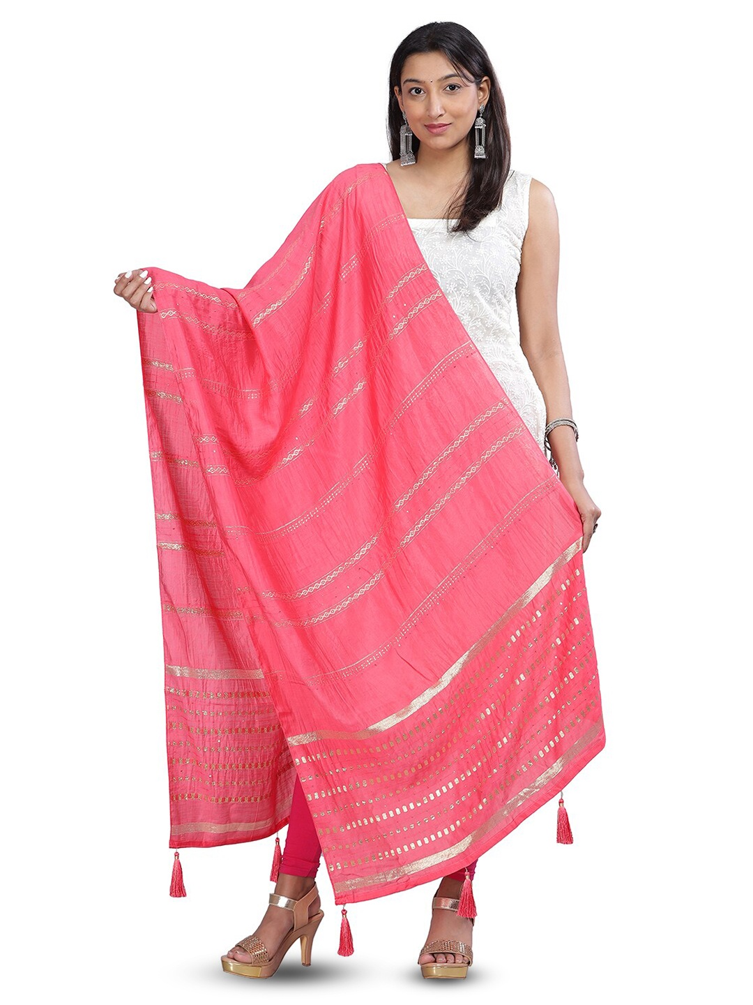 

Aanys Culture Striped Cotton Silk Dupatta, Pink