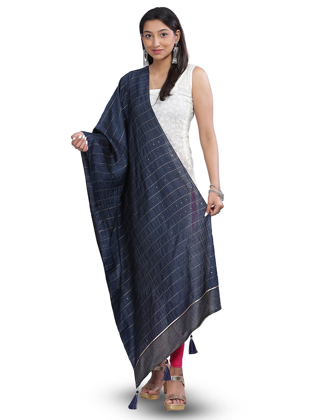 

Aanys Culture Striped Sequinned Detailed Cotton Silk Chanderi Dupatta, Navy blue