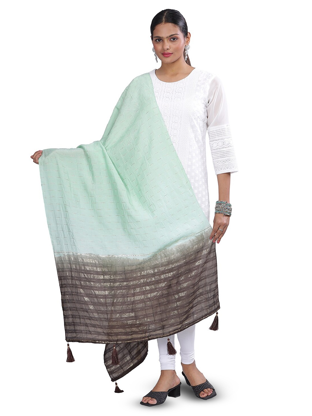 

Aanys Culture Striped Zari Detailed Cotton Silk Chanderi Dupatta, Green