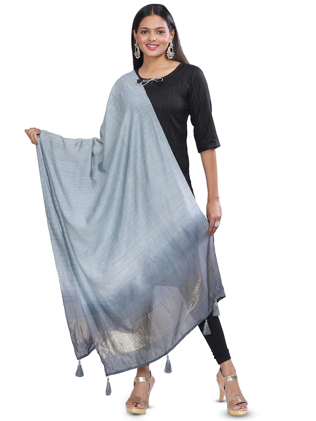 

Aanys Culture Striped Cotton Silk Dupatta with Zari, Grey