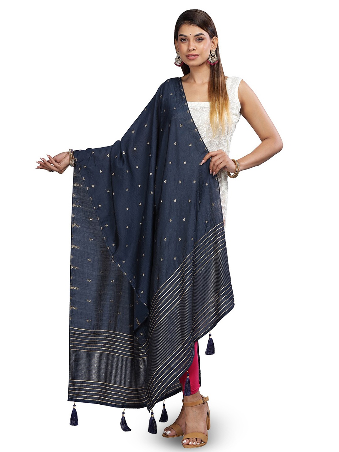 

Aanys Culture Ethnic Motifs Woven Design Zari Detailed Cotton Silk Chanderi Dupatta, Navy blue