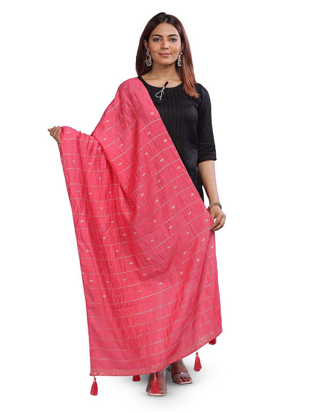 

Aanys Culture Striped Cotton Silk Dupatta with Zari, Pink