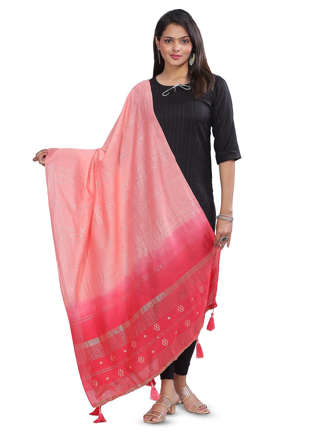 

Aanys Culture Striped Dupatta with Zari, Pink