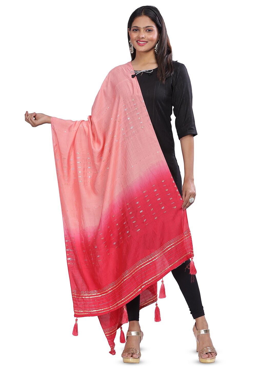 

Aanys Culture Striped Cotton Silk Dupatta with Zari, Pink