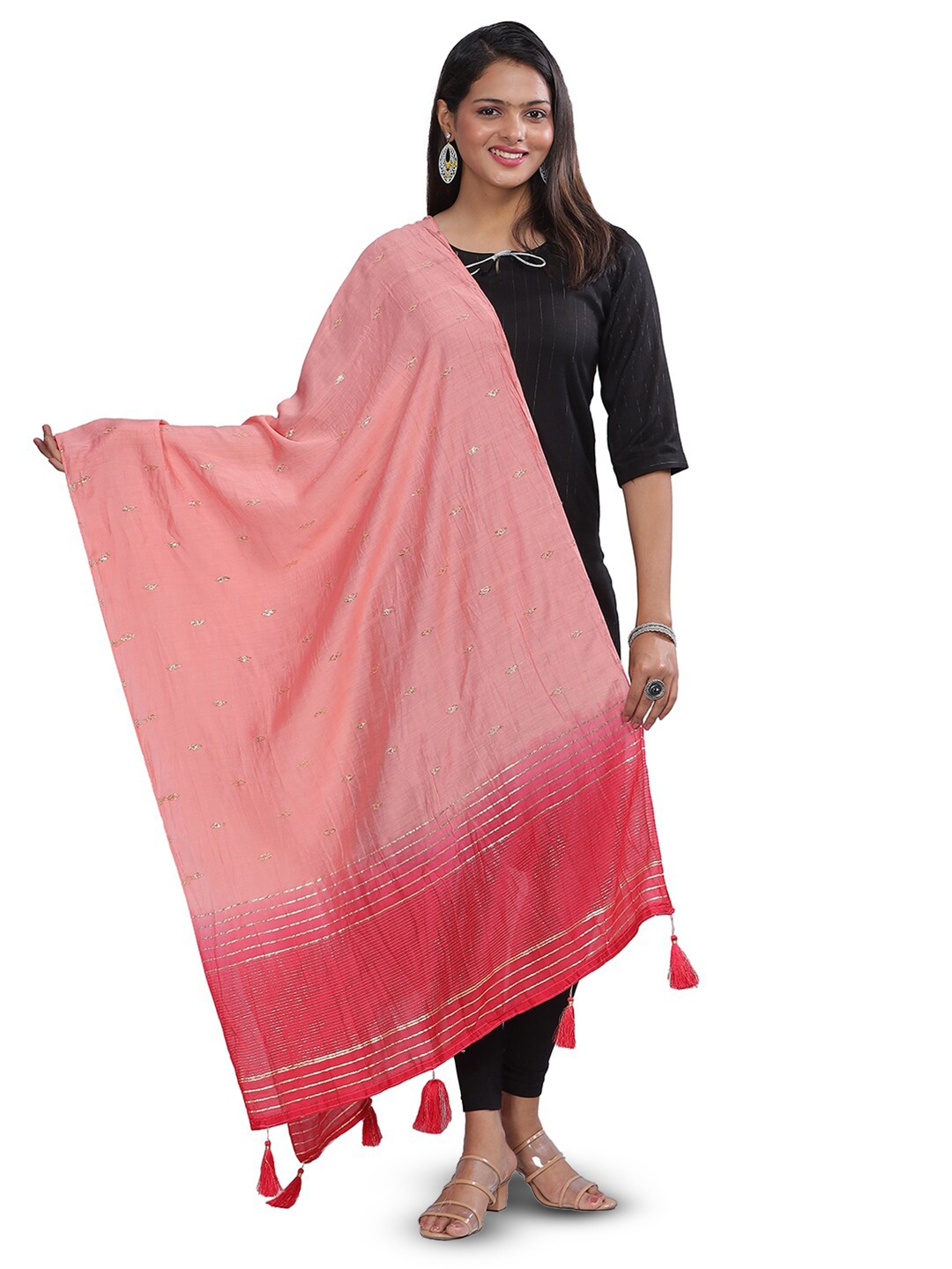 

Aanys Culture Striped Zari Cotton Silk Dupatta, Pink