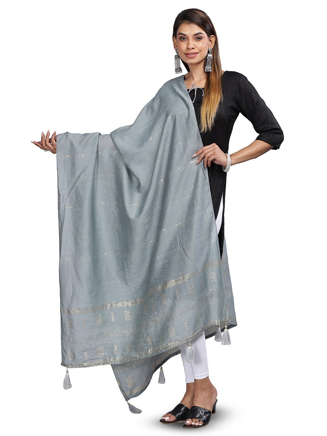 

Aanys Culture Striped Zari Cotton Silk Dupatta, Grey