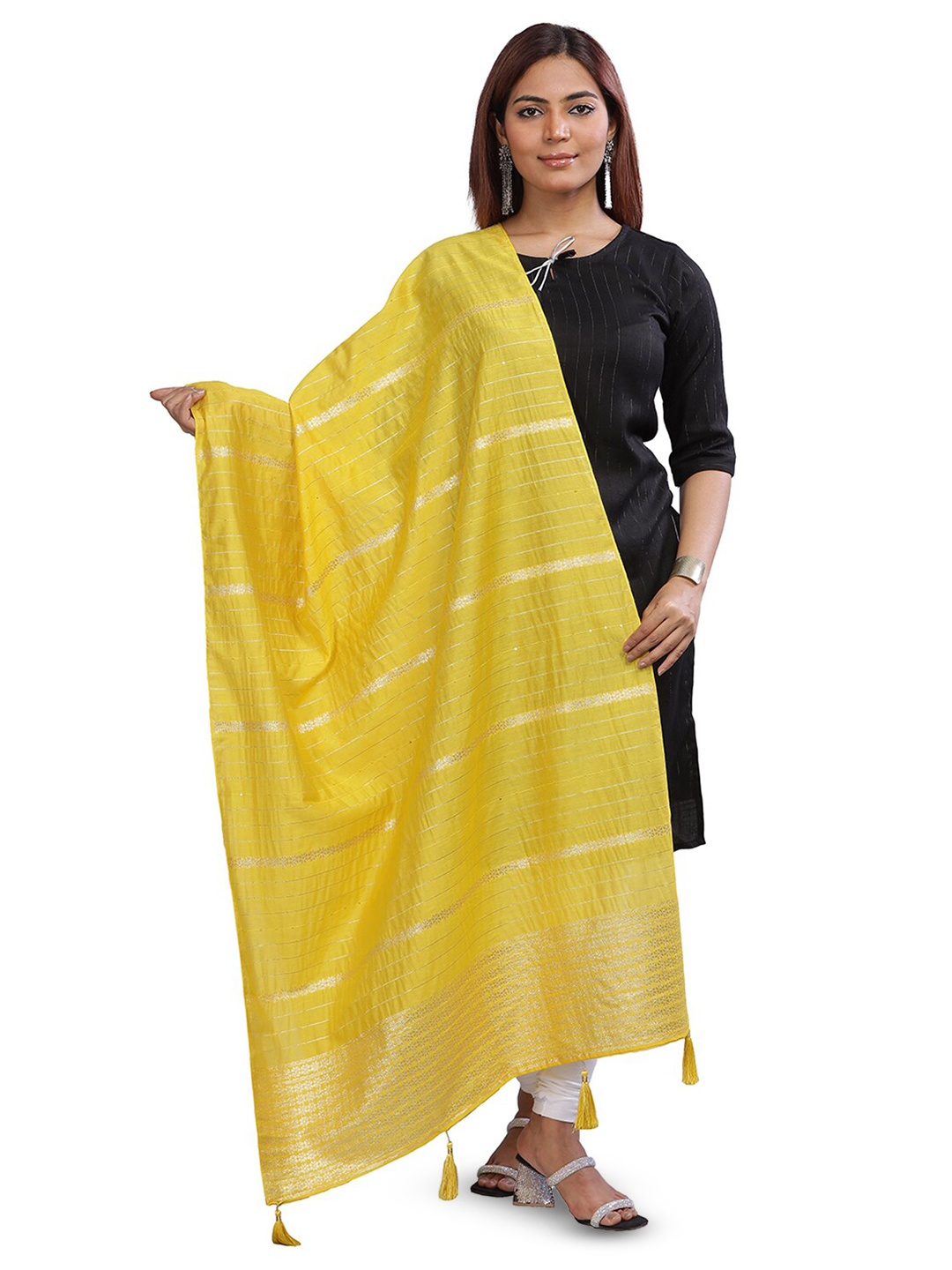 

Aanys Culture Striped Cotton Silk Dupatta with Zari, Yellow