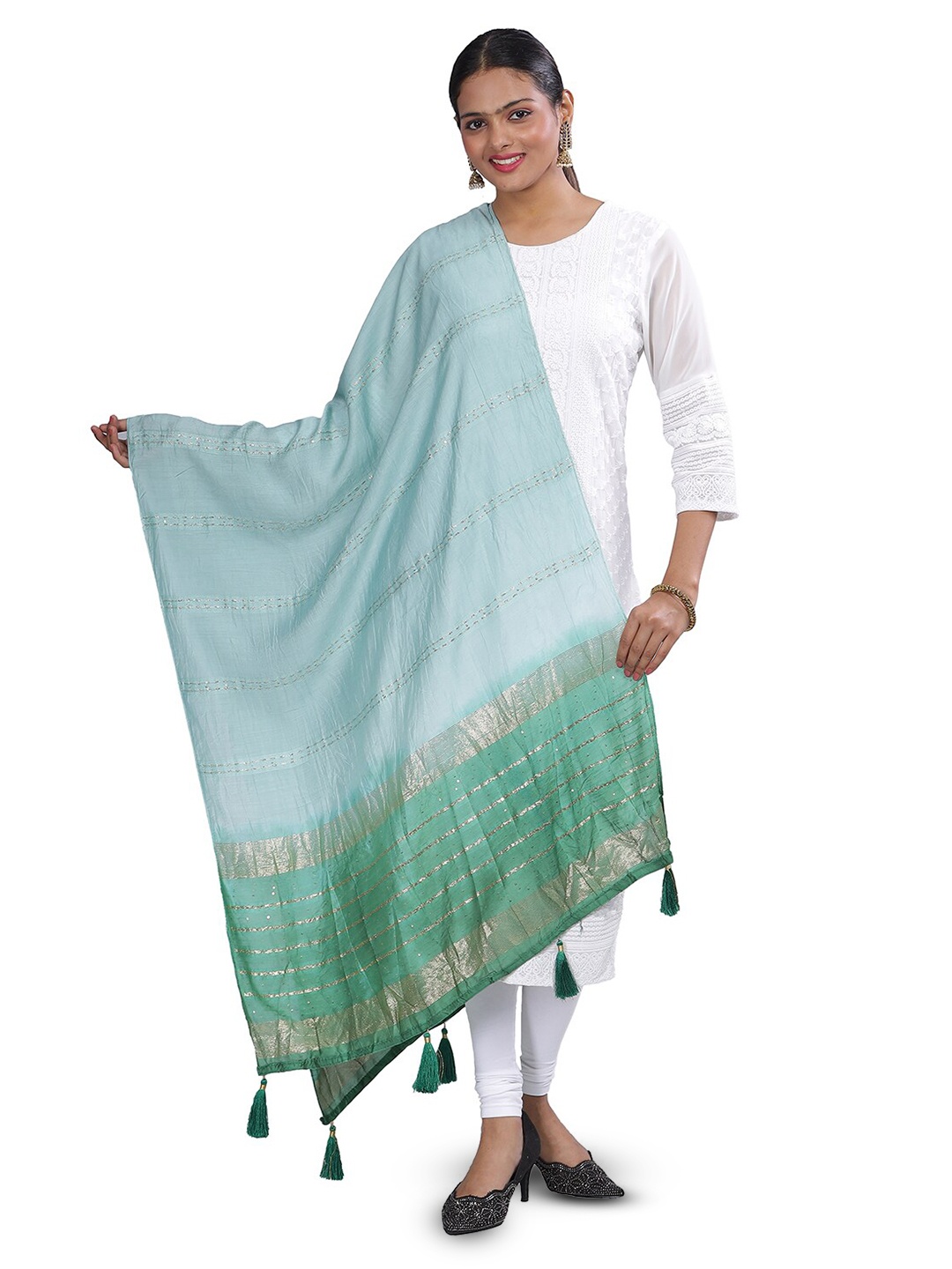 

Aanys Culture Striped Zari Cotton Silk Dupatta, Green