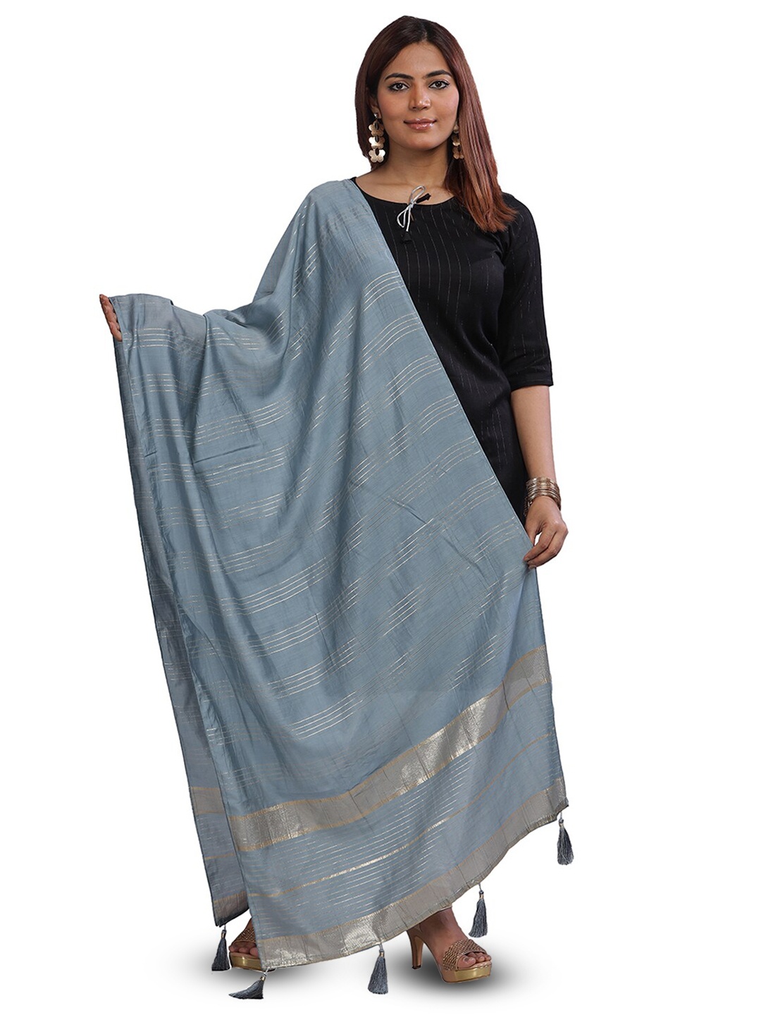 

Aanys Culture Striped Cotton Silk Dupatta with Zari, Grey