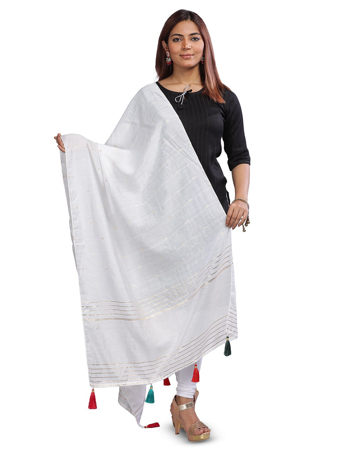 

Aanys Culture Striped Dupatta with Zari, White