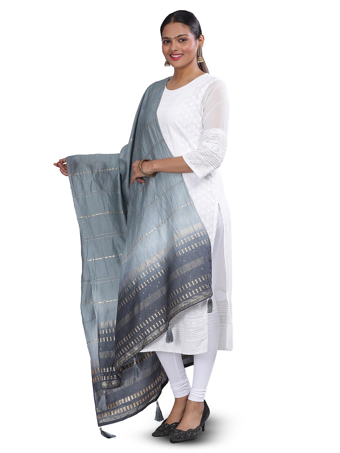 

Aanys Culture Striped Dupatta with Zari, Grey