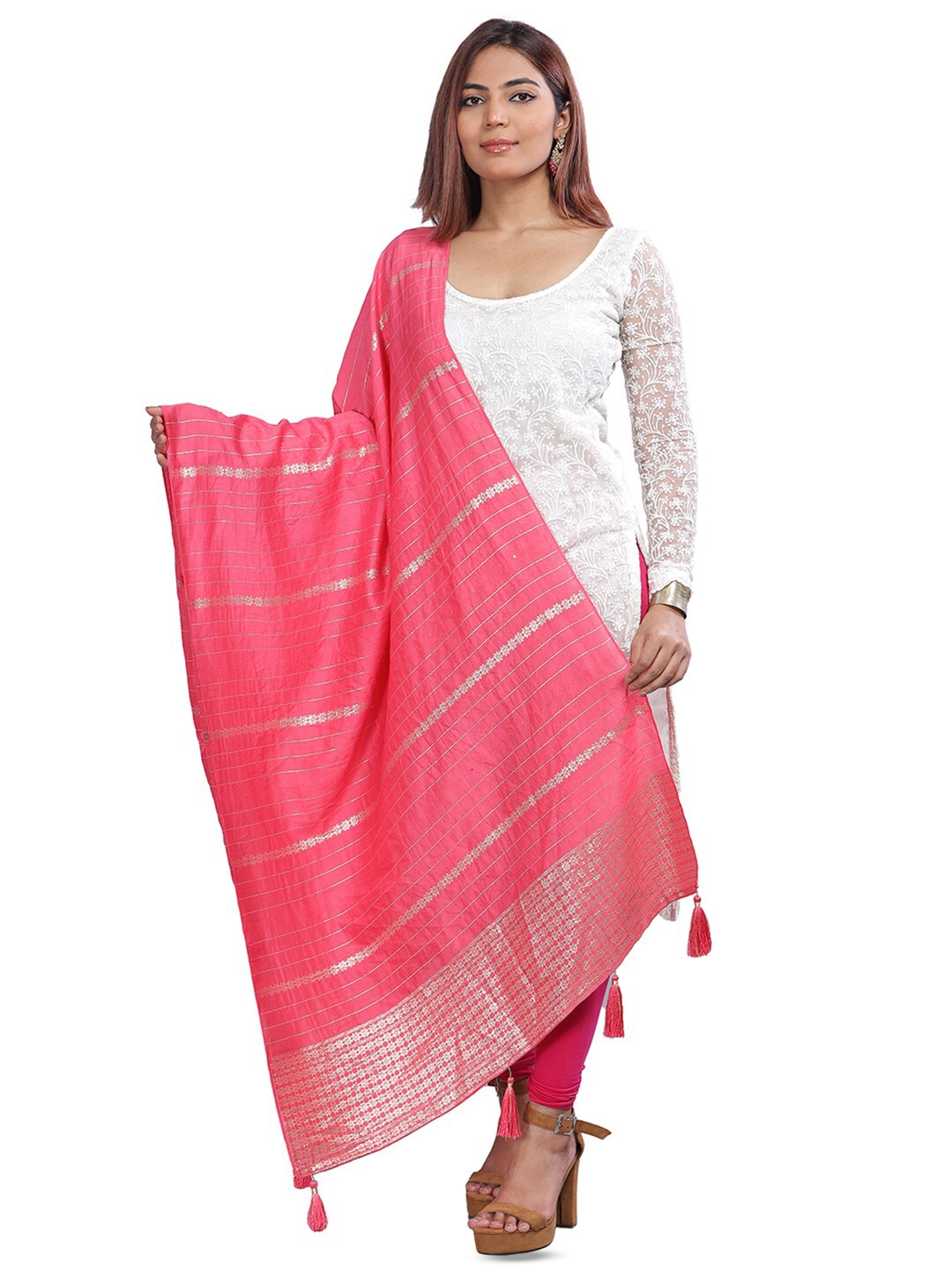 

Aanys Culture Striped Zari Dupatta, Pink