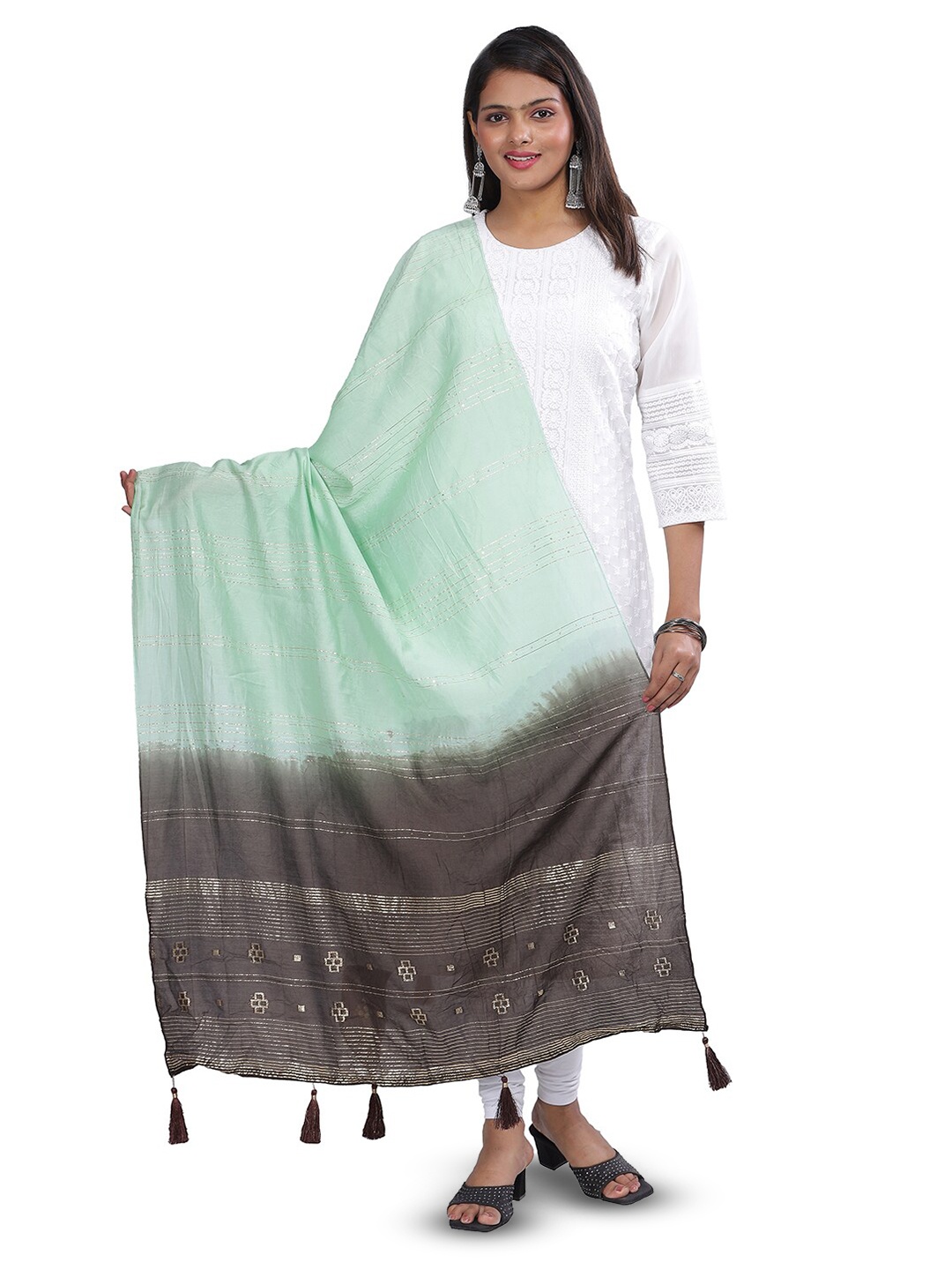 

Aanys Culture Striped Zari Dupatta, Green