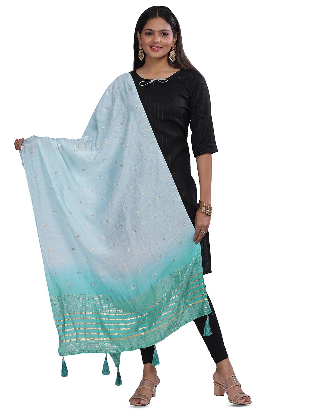 

Aanys Culture Colourblocked Cotton Silk Dupatta with Zari, Blue