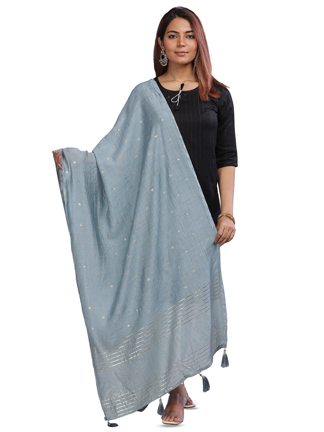 

Aanys Culture Ethnic Motifs Woven Design Zari Detailed Cotton Silk Chanderi Dupatta, Grey