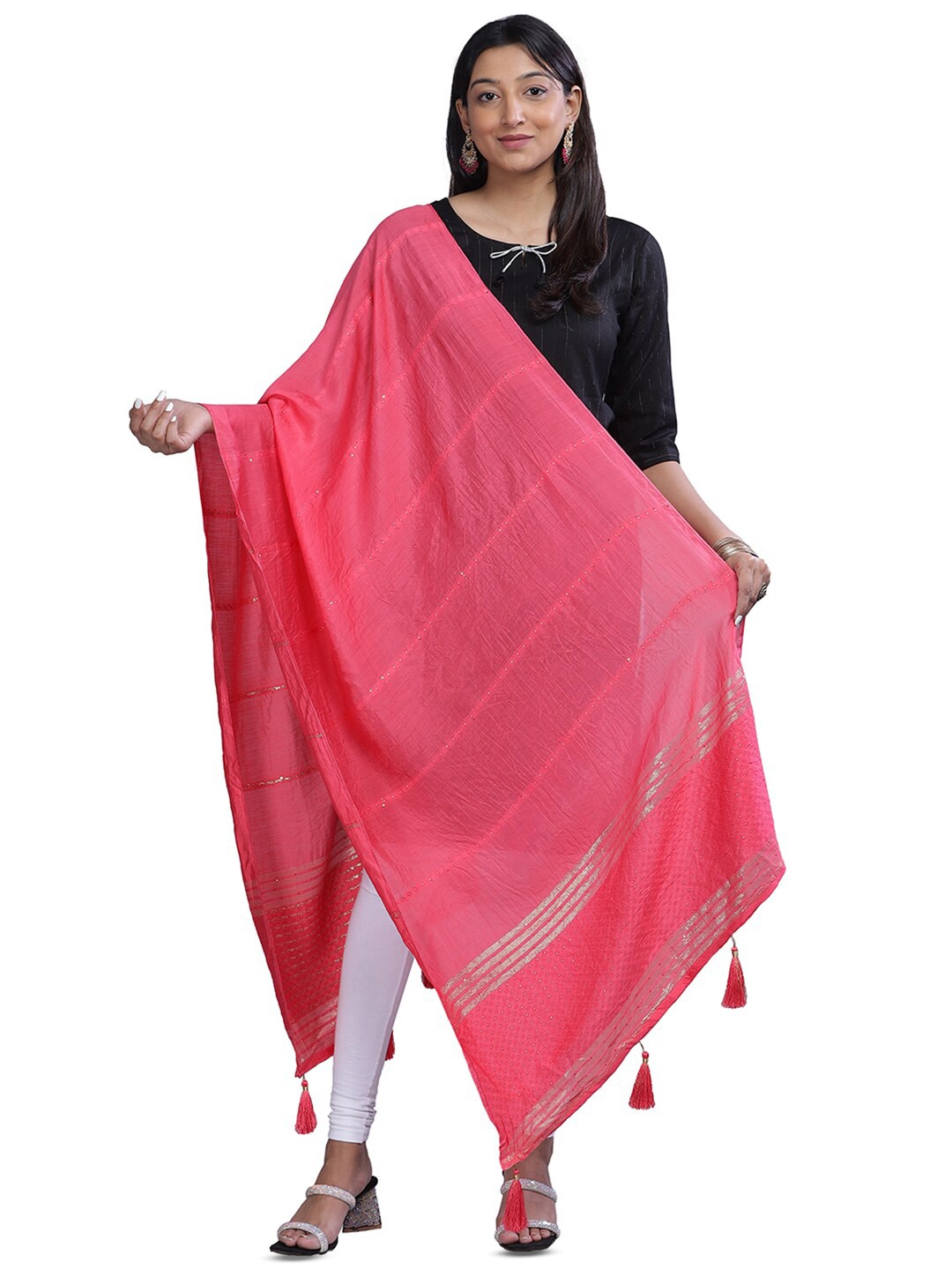 

Aanys Culture Striped Dupatta with Zari, Pink