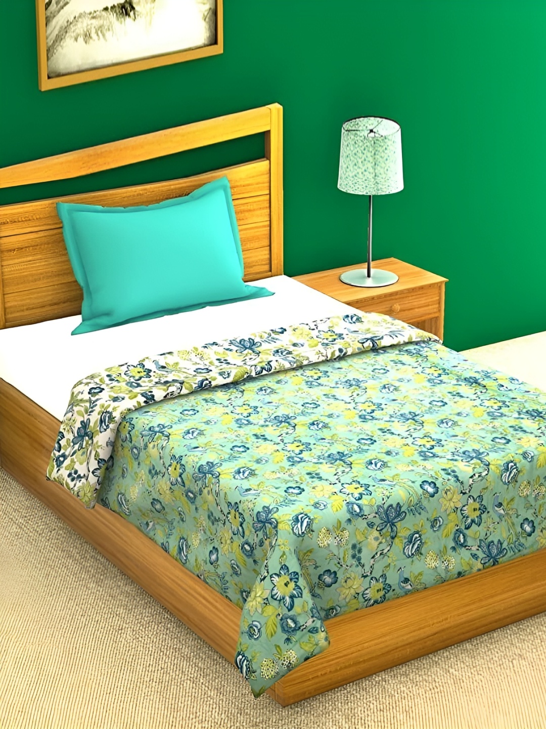 RF RELAXFEEL Green & Blue Floral Cotton Heavy Winter 150 GSM Single Bed Dohar