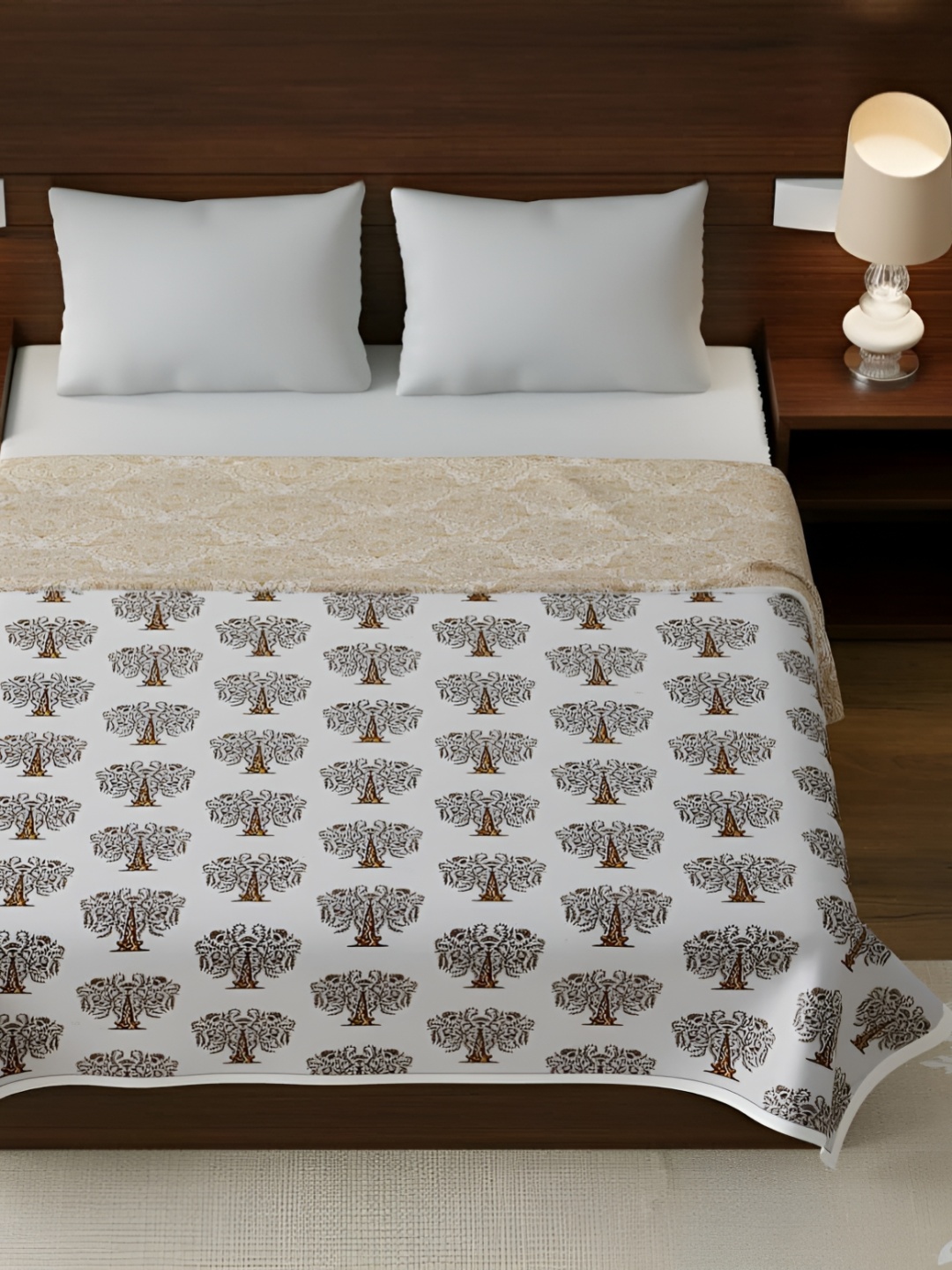 

RF RELAXFEEL White & Brown Floral Cotton Heavy Winter 150 GSM Single Bed Dohar