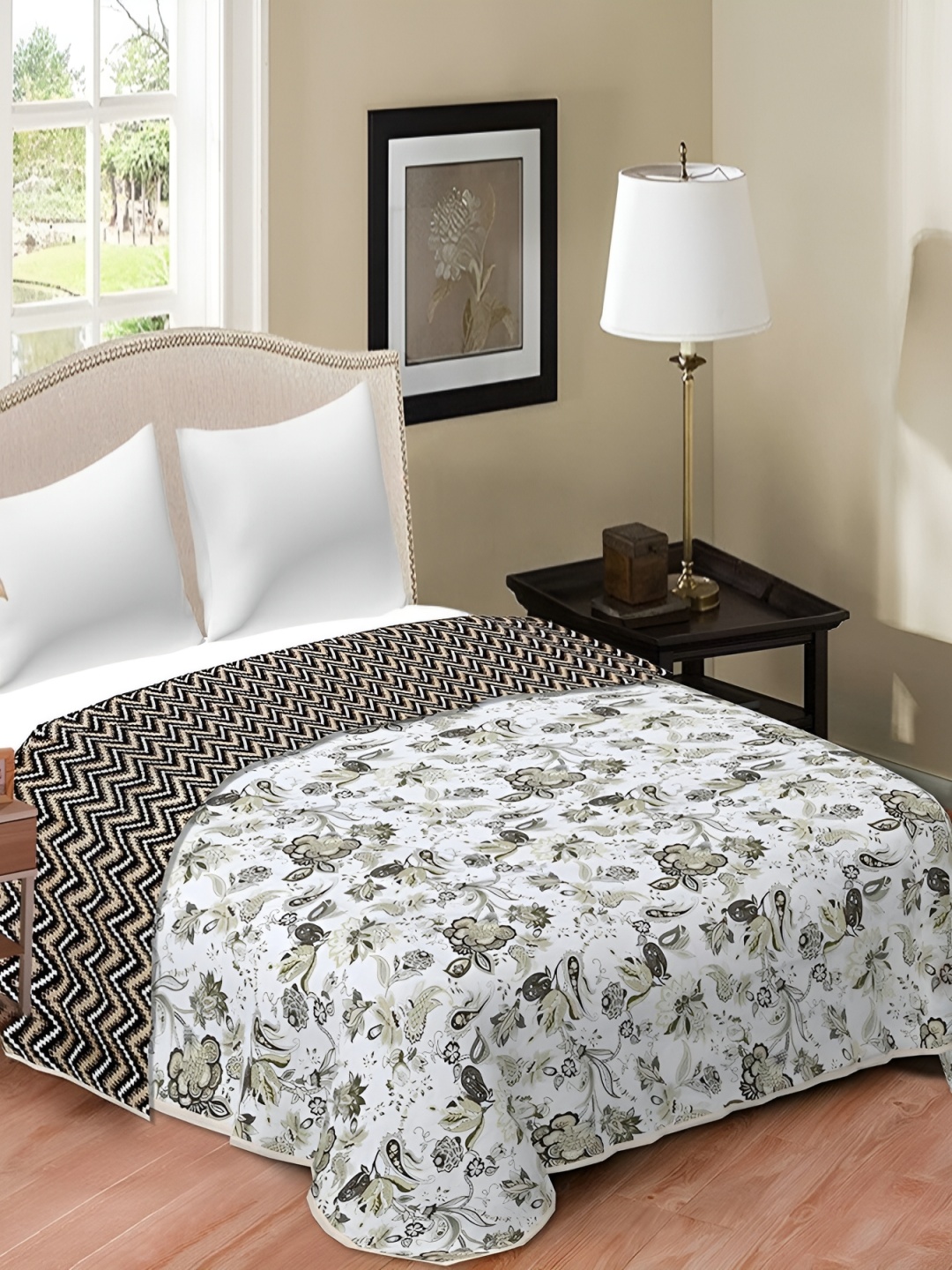 

RF RELAXFEEL White & Beige Floral Cotton Heavy Winter 150 GSM Single Bed Dohar