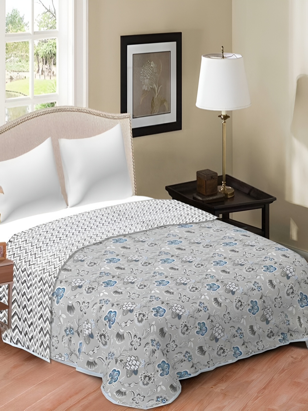 

RF RELAXFEEL Grey & Blue Floral Cotton Heavy Winter 150 GSM Single Bed Dohar