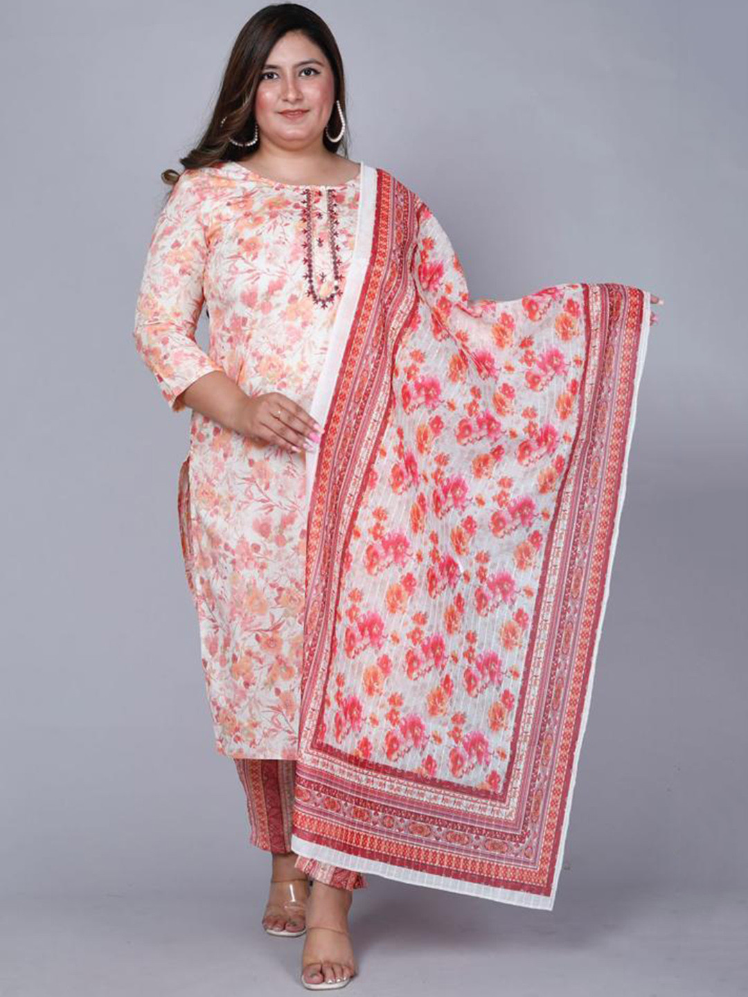 

PNEHA Floral Printed Regular Mirror Work Kurta with Trousers & With Dupatta, Peach