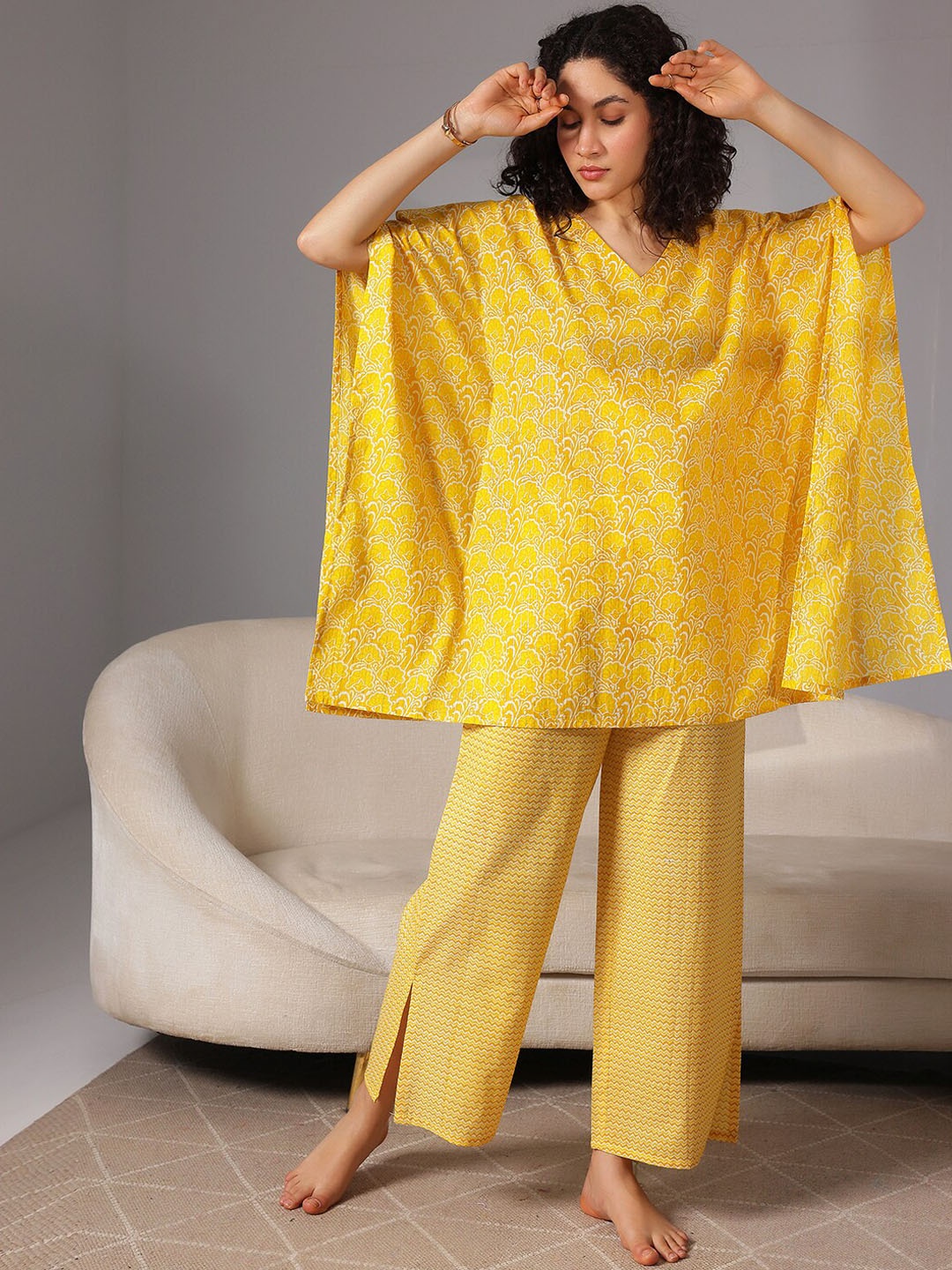 

Libas Floral Printed Pure Cotton Night Suit, Yellow