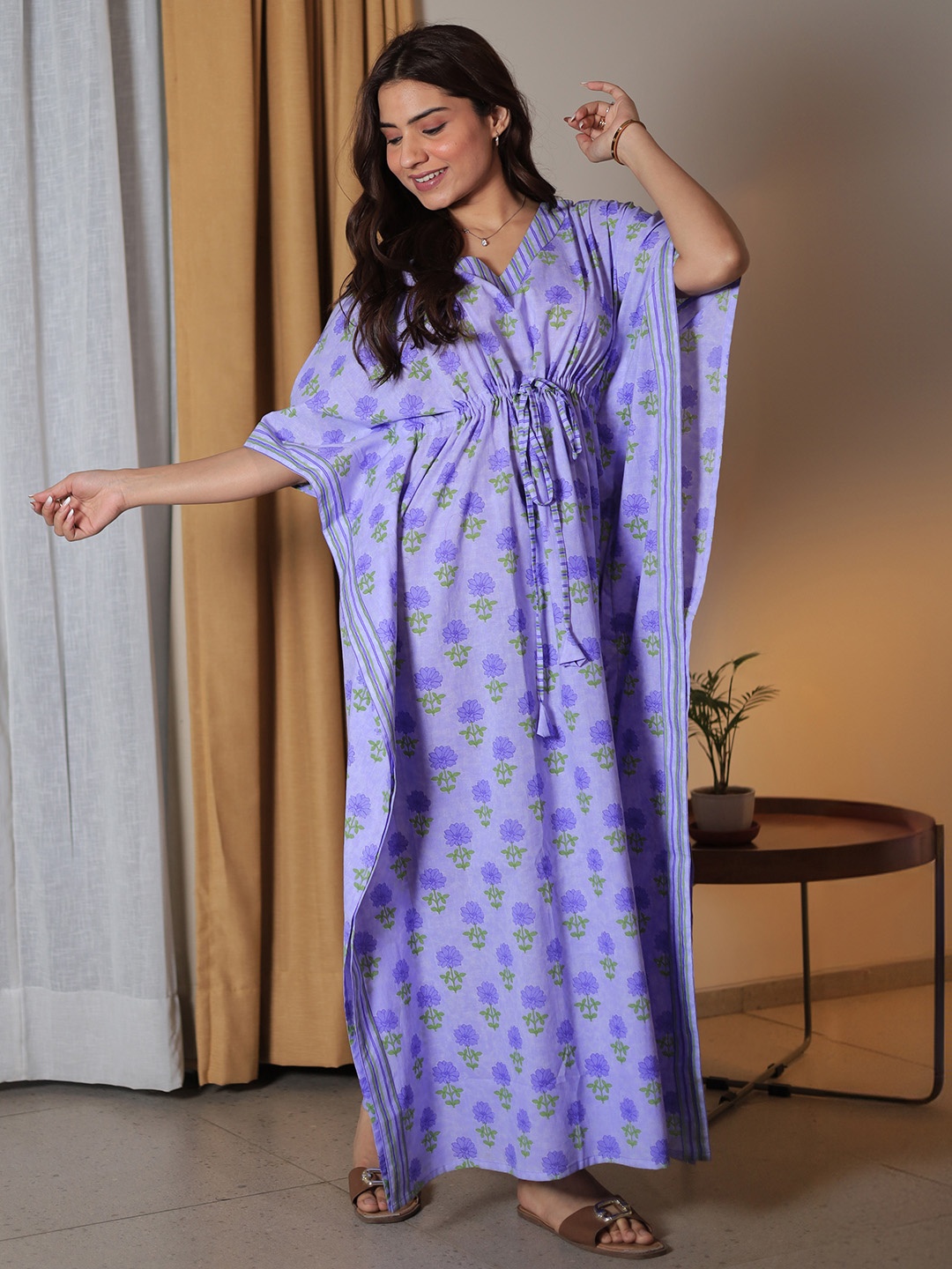 

Libas Floral Printed Pure Cotton Maxi Kaftan Nightdress, Purple