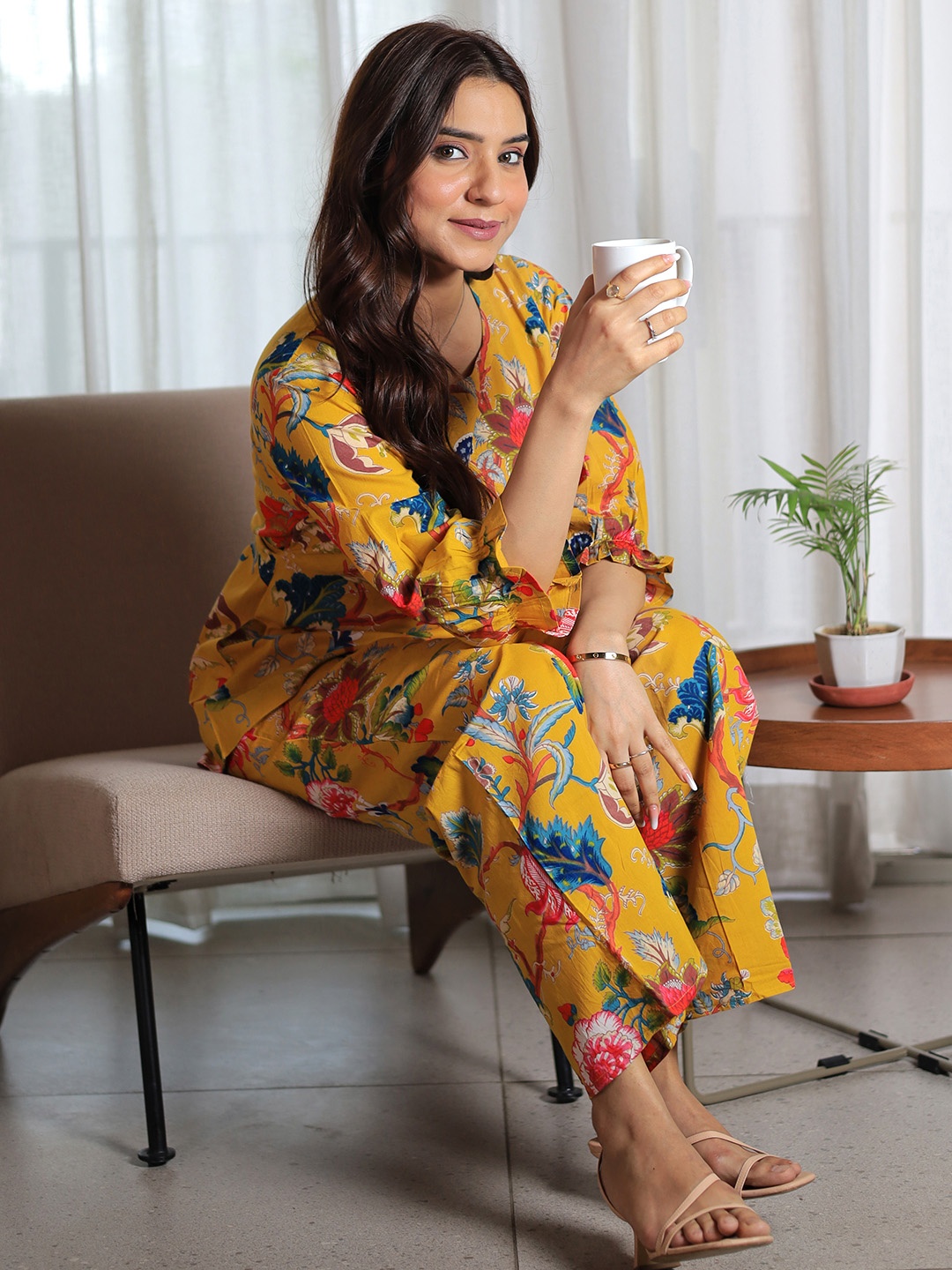 

Libas Floral Printed Pure Cotton Bell Sleeves Tie Up Night Suit, Mustard