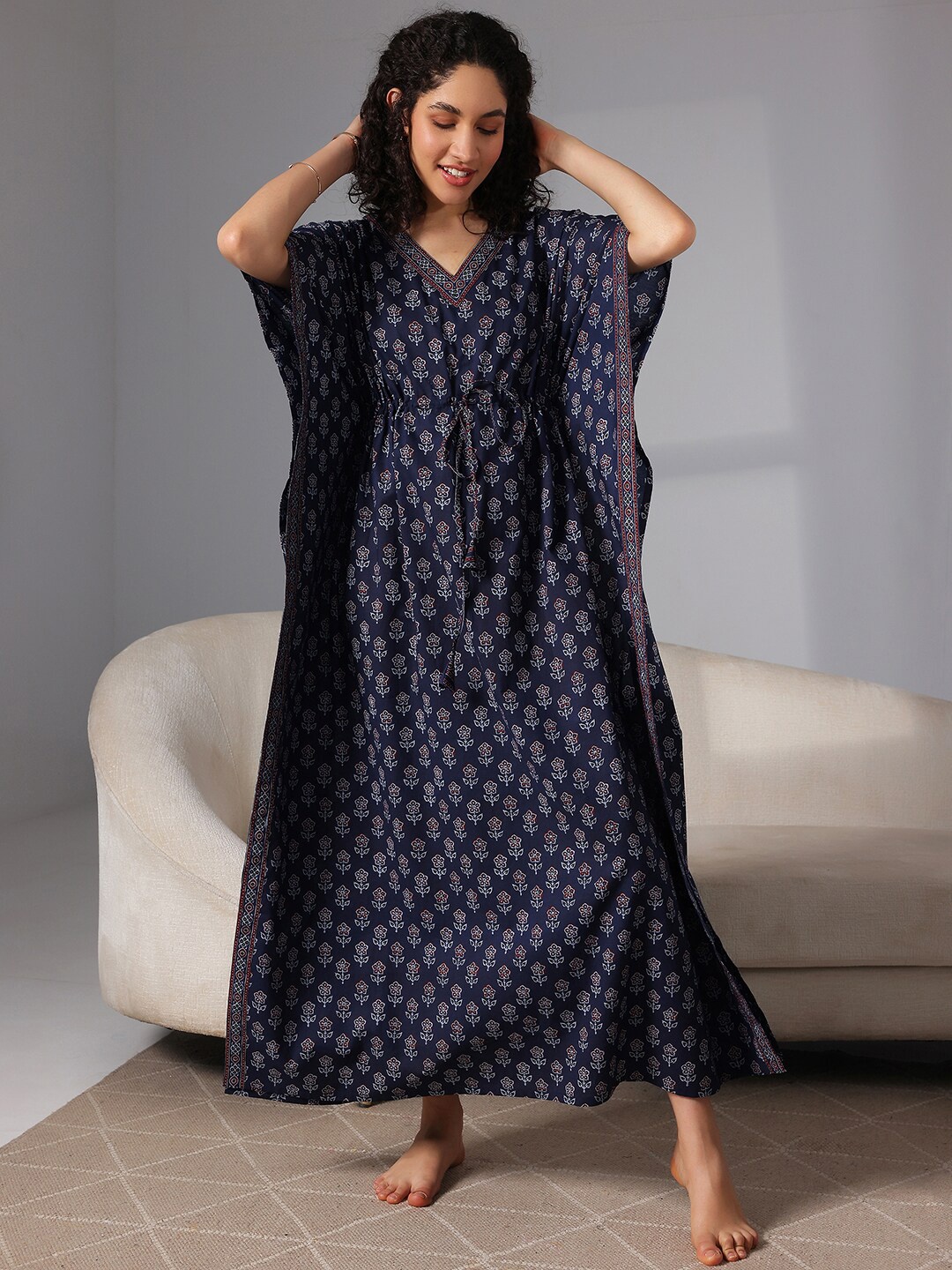 

Libas Floral Printed Pure Cotton Maxi Kaftan Nightdress, Navy blue