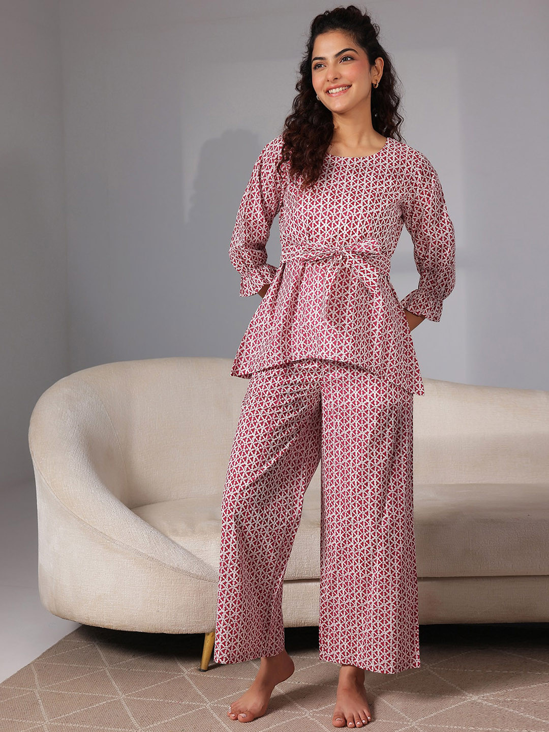 

Libas Geometric Printed Pure Cotton Bell Sleeves Tie Up Night Suit, Pink