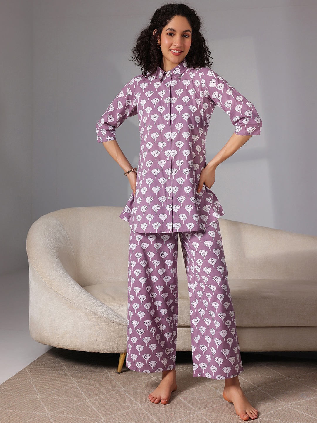 

Libas Floral Printed Pure Cotton Night Suit, Purple