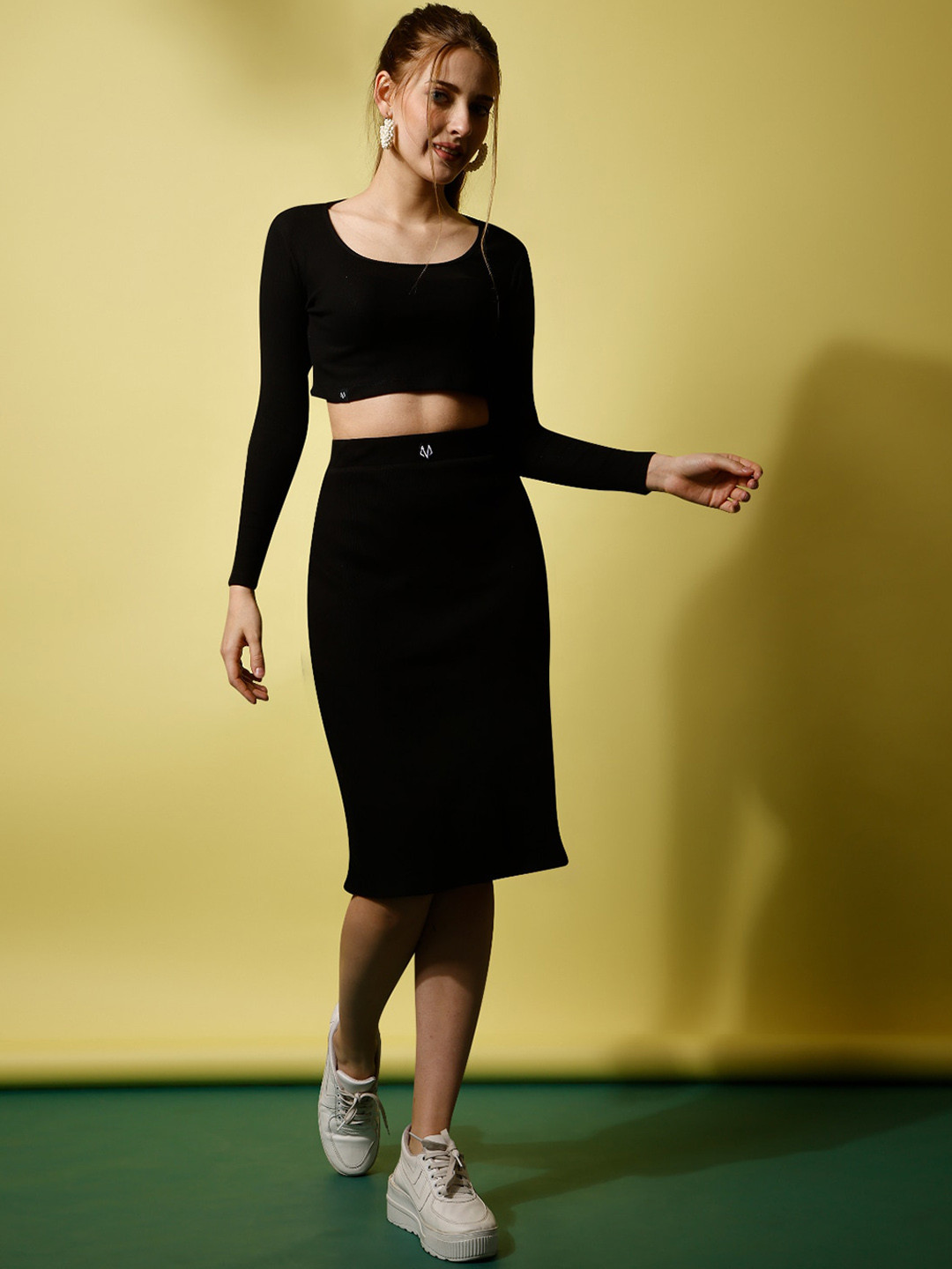 

WESTHOOD Round Neck Pure Cotton Top With Skirt, Black