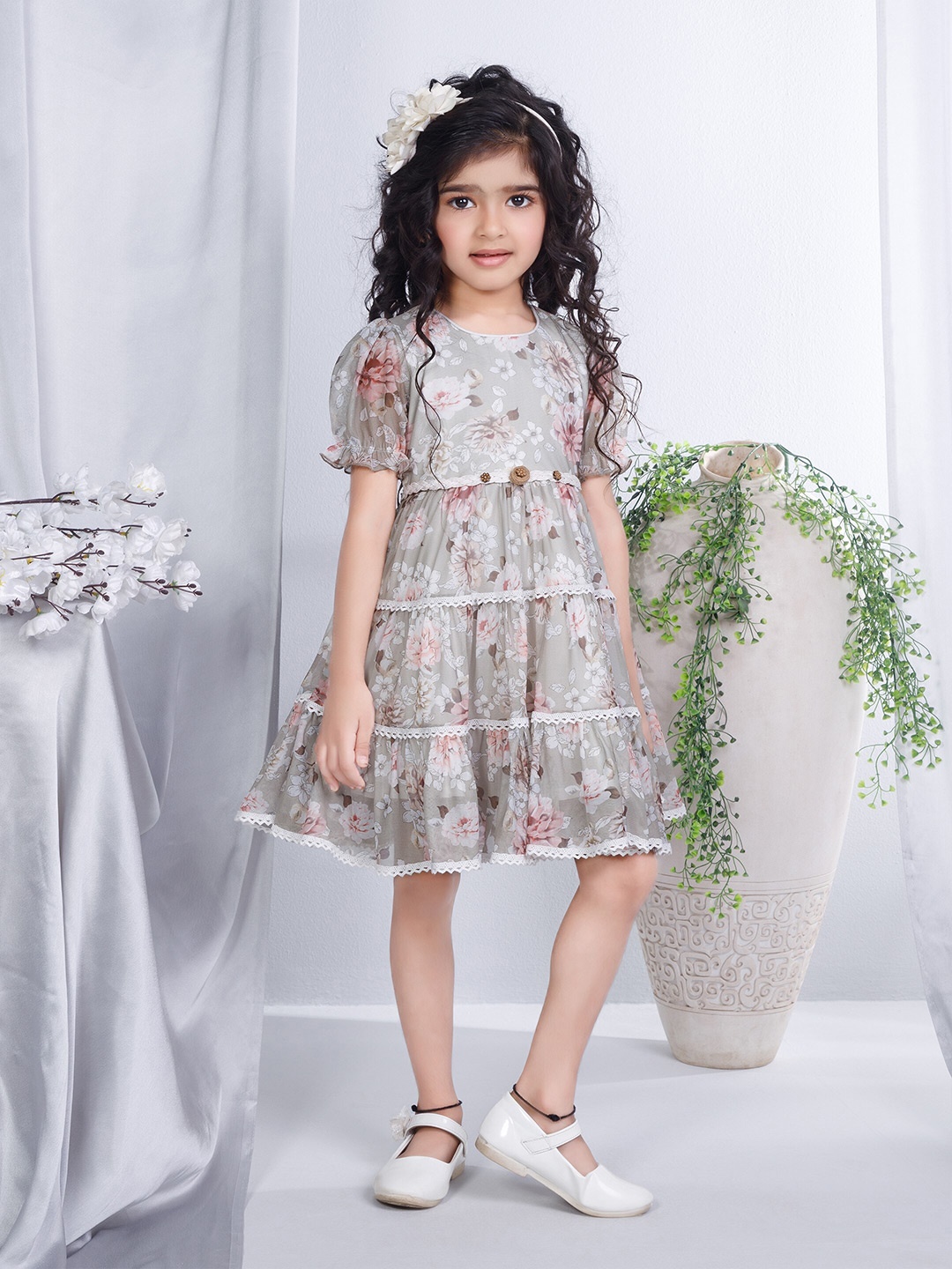 

Peppermint Girls Floral Printed Puff Sleeves Lace Inserts Net Fit & Flare Dress With Belt, Beige