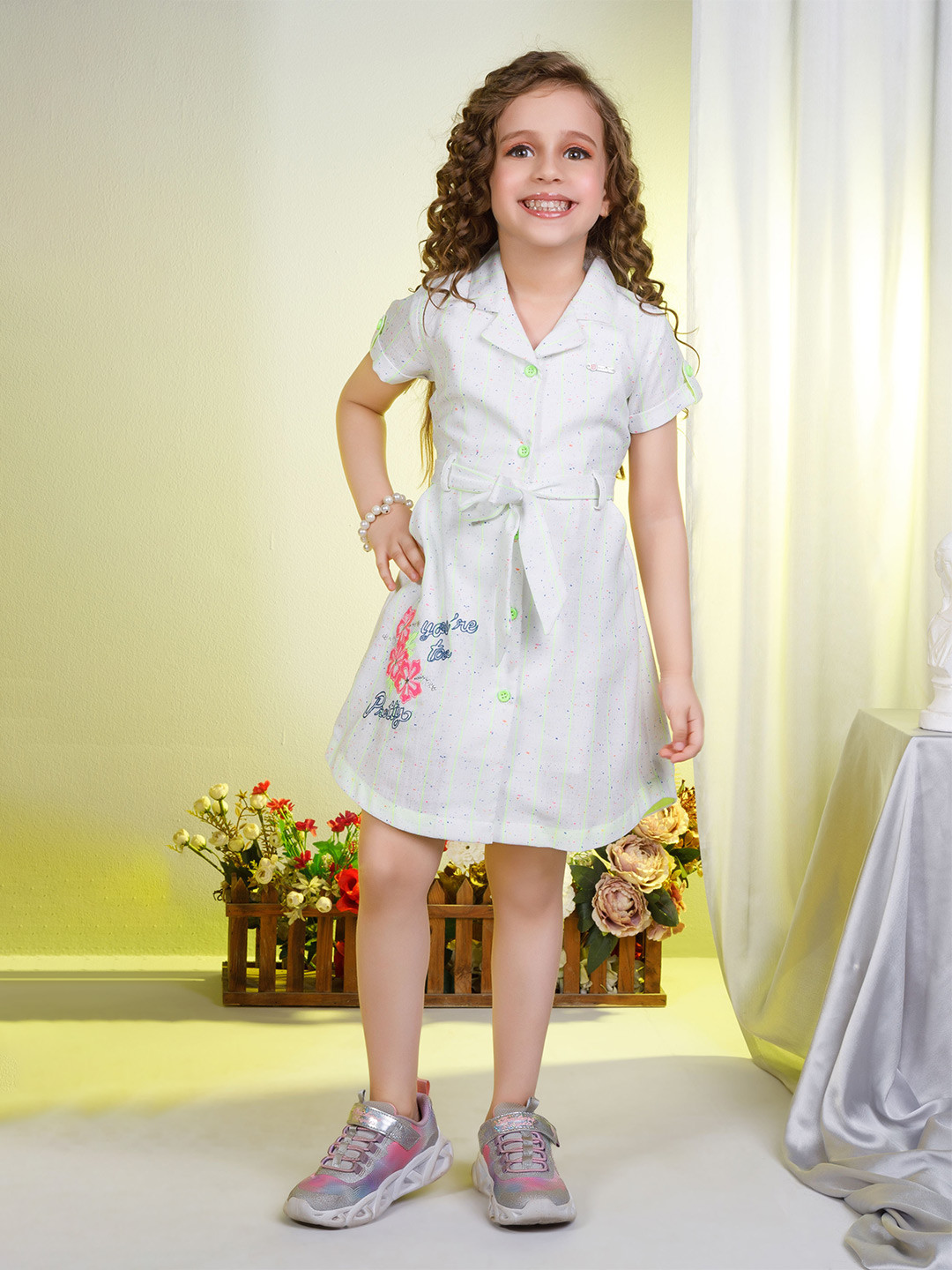 

Peppermint Girls Floral Printed Collar Neck A-Line Cotton Dress, Green