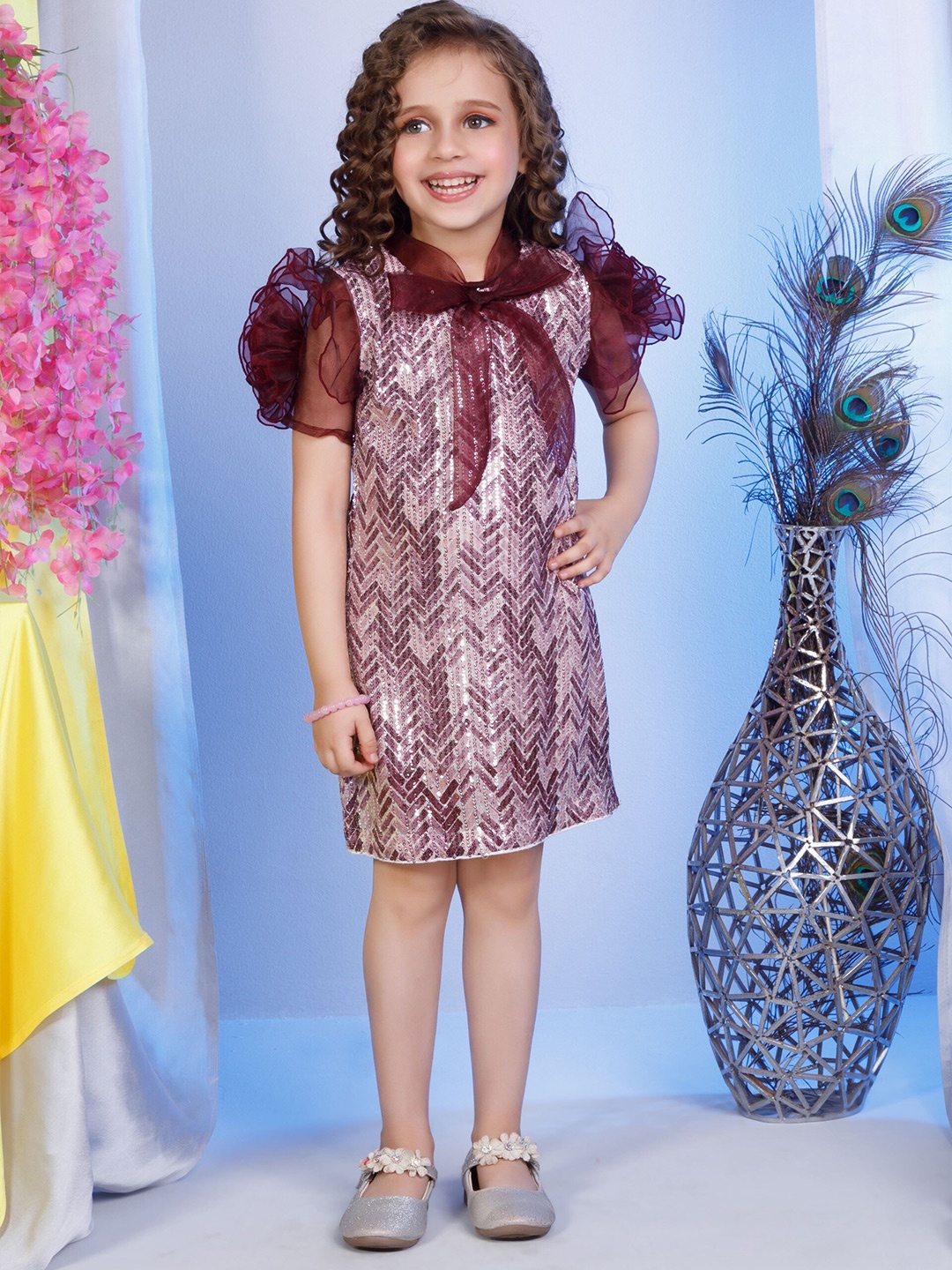 

Peppermint Girls Geometric Embellished Sequinned Detailed Flutter Sleeves A-Line Dress, Maroon