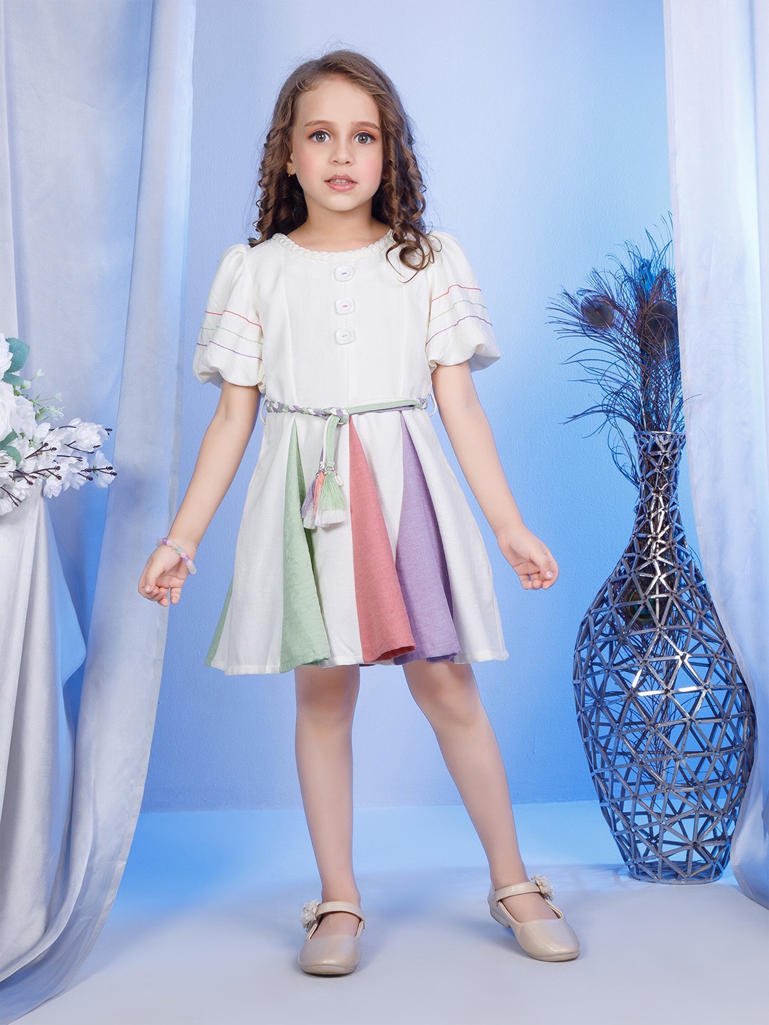 

Peppermint Girls Round Neck Flutter Sleeve Fit & Flare Dress, Cream