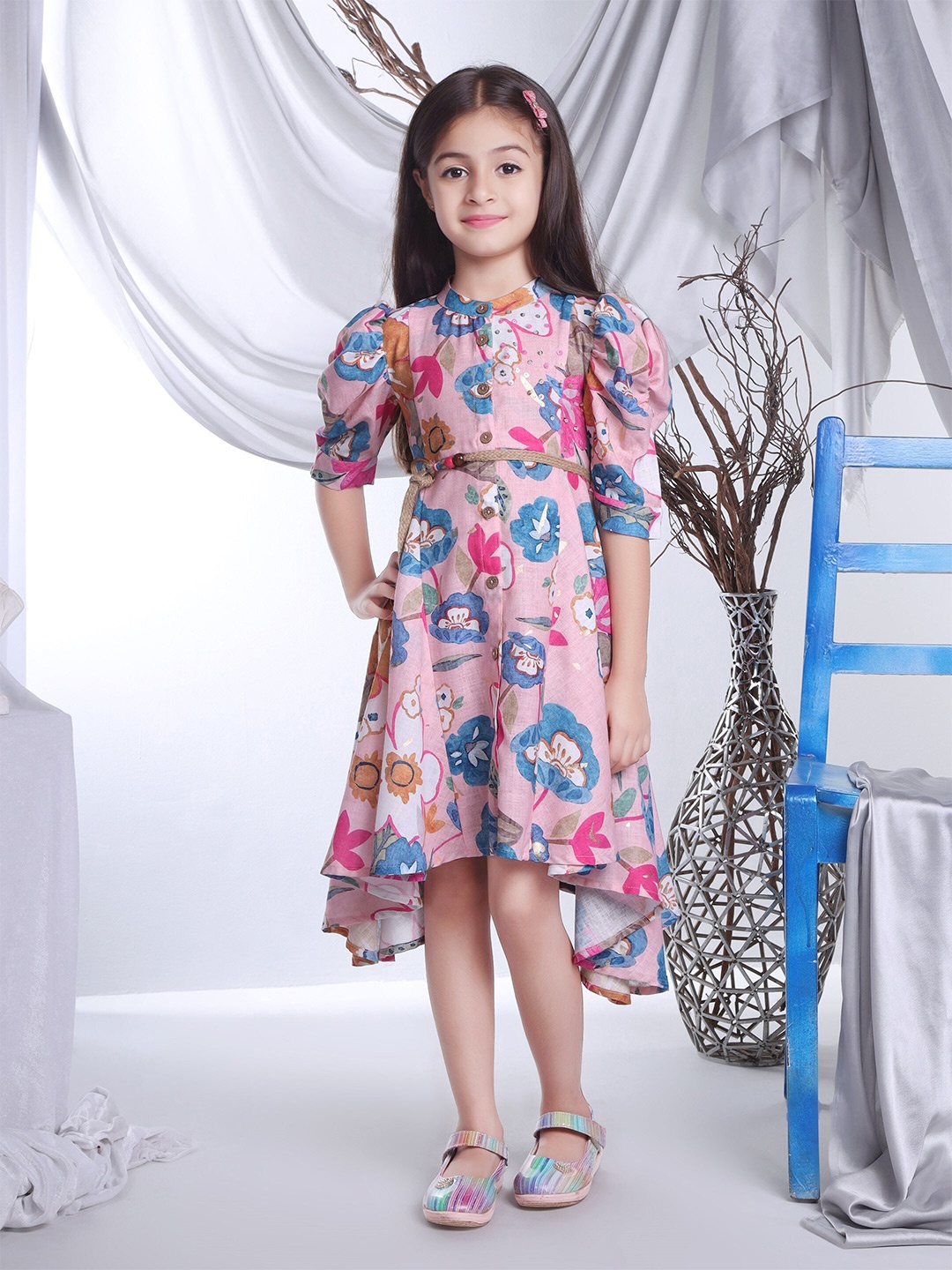 

Peppermint Girls High Neck Puff Sleeves Floral Print A-Line Cotton Midi Dress, Pink