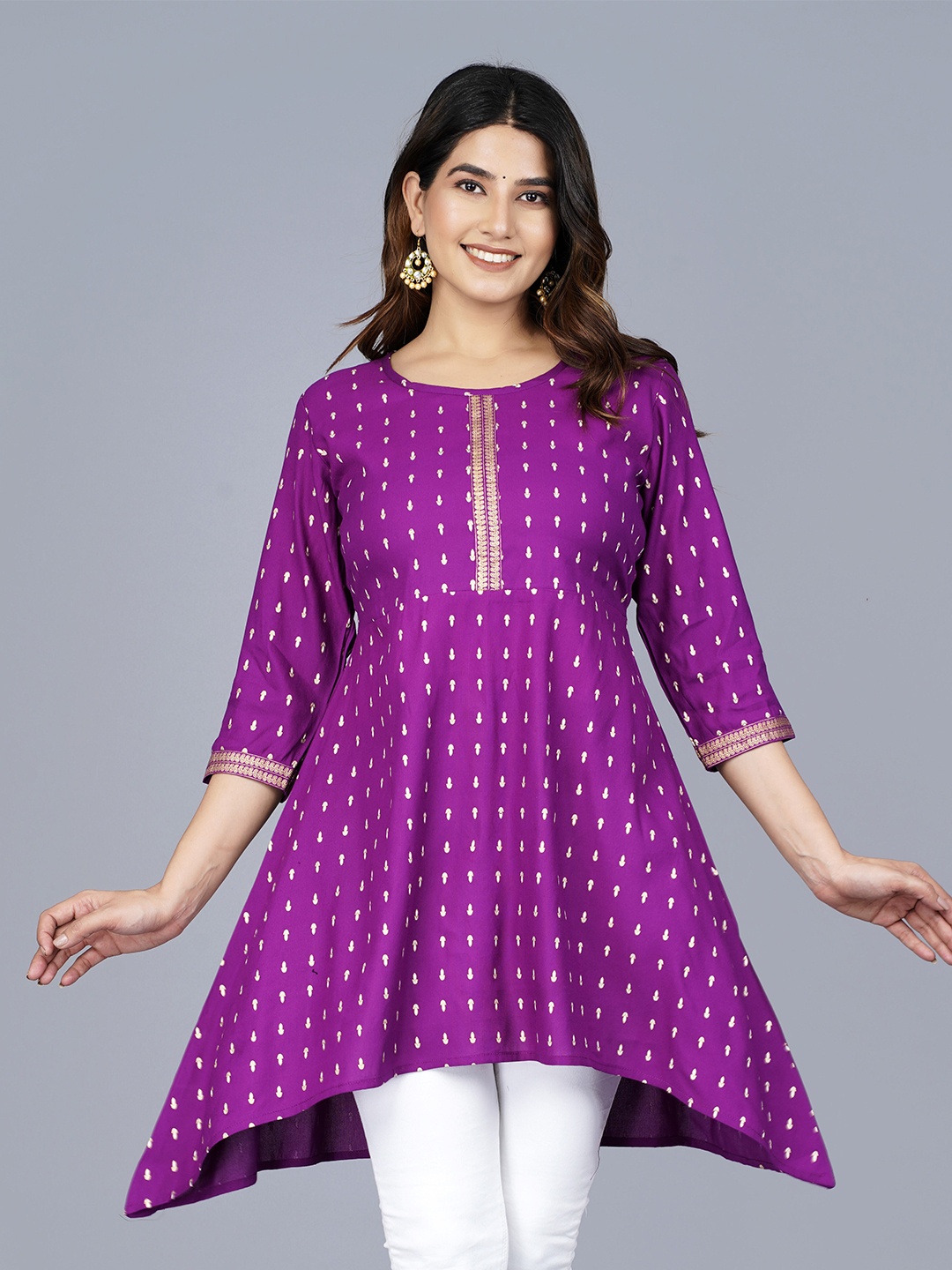 

SIPET Polka Dot Printed V-Neck Bell Sleeve Anarkali Kurti, Purple