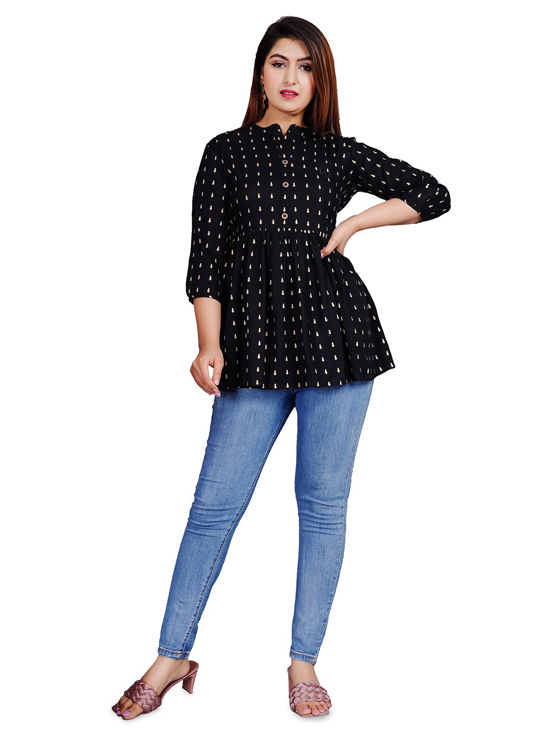 

SIPET Floral Printed Mandarin Collar Tunic, Black