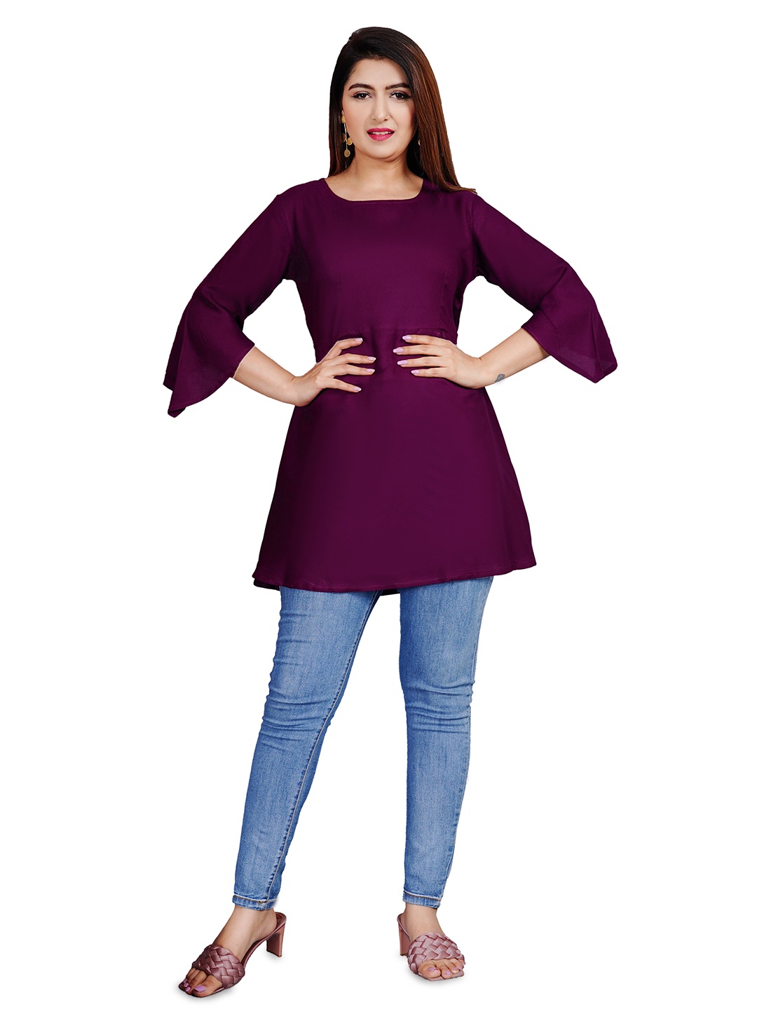 

SIPET Square Neck Bell Sleeves Tunic, Purple