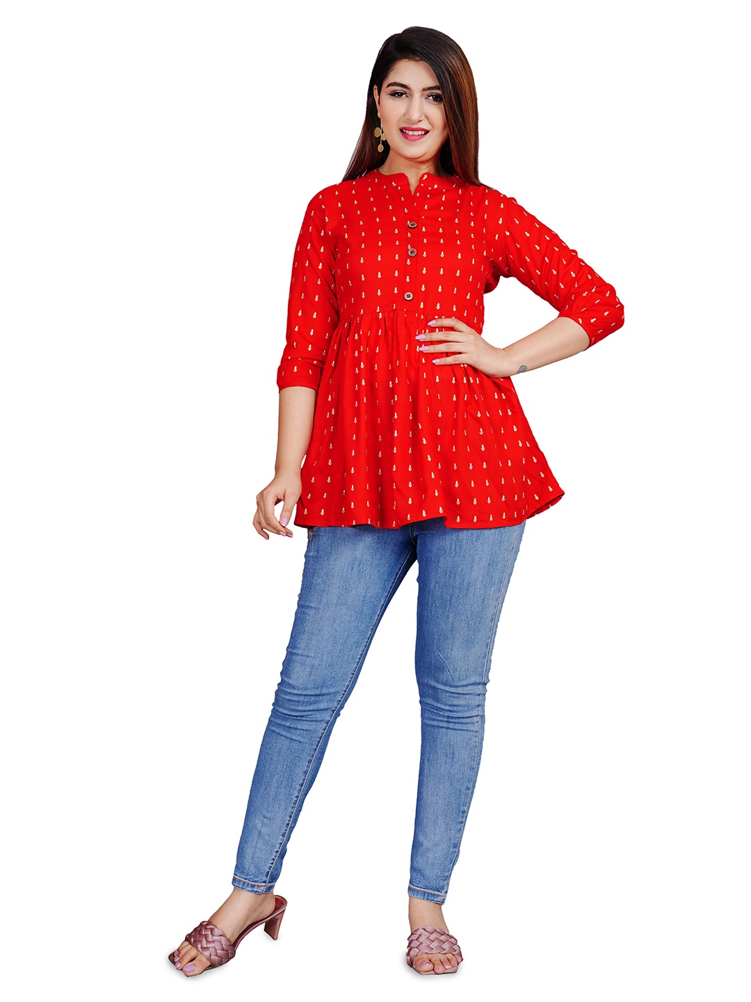 

SIPET Floral Printed Mandarin Collar Tunic, Red