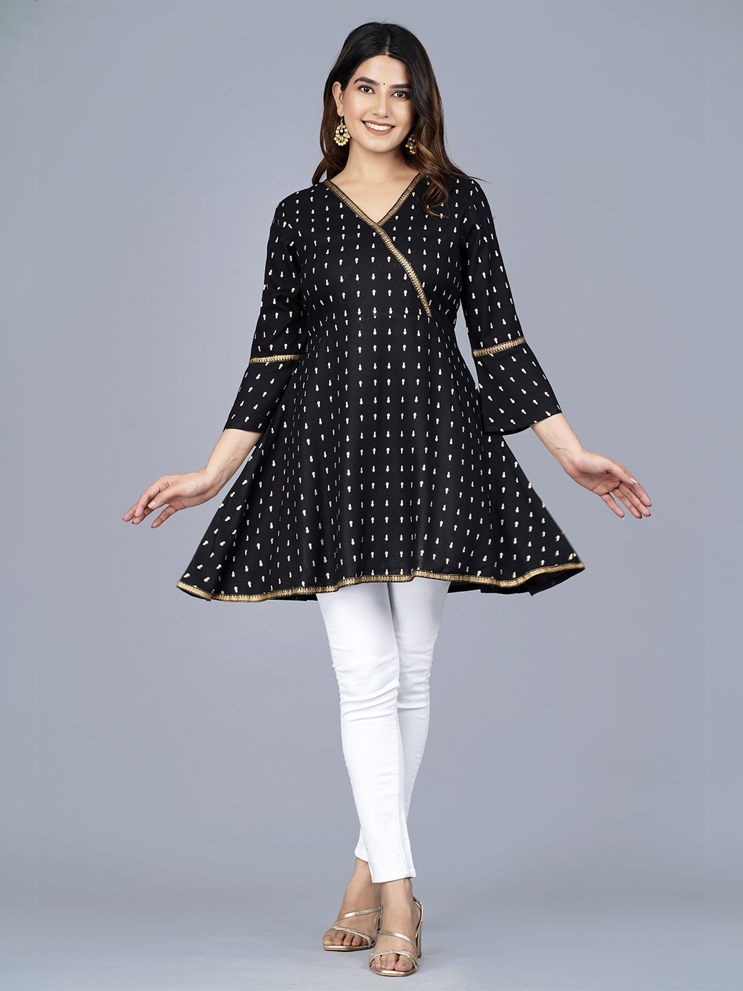 

SIPET Ethnic Motifs Woven Design Bell Sleeves Angrakha A-Line Kurti, Black